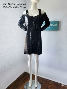 ME Makeover Essentials Black Sequin Cold-Shoulder Dress